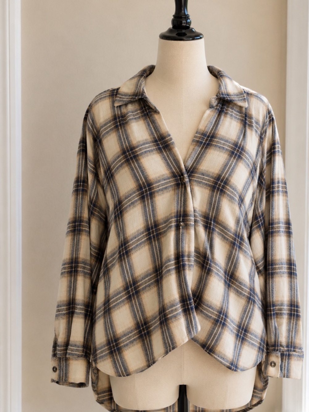HYFVE Cream and Navy Plaid Long Sleeve Button-Up Shirt